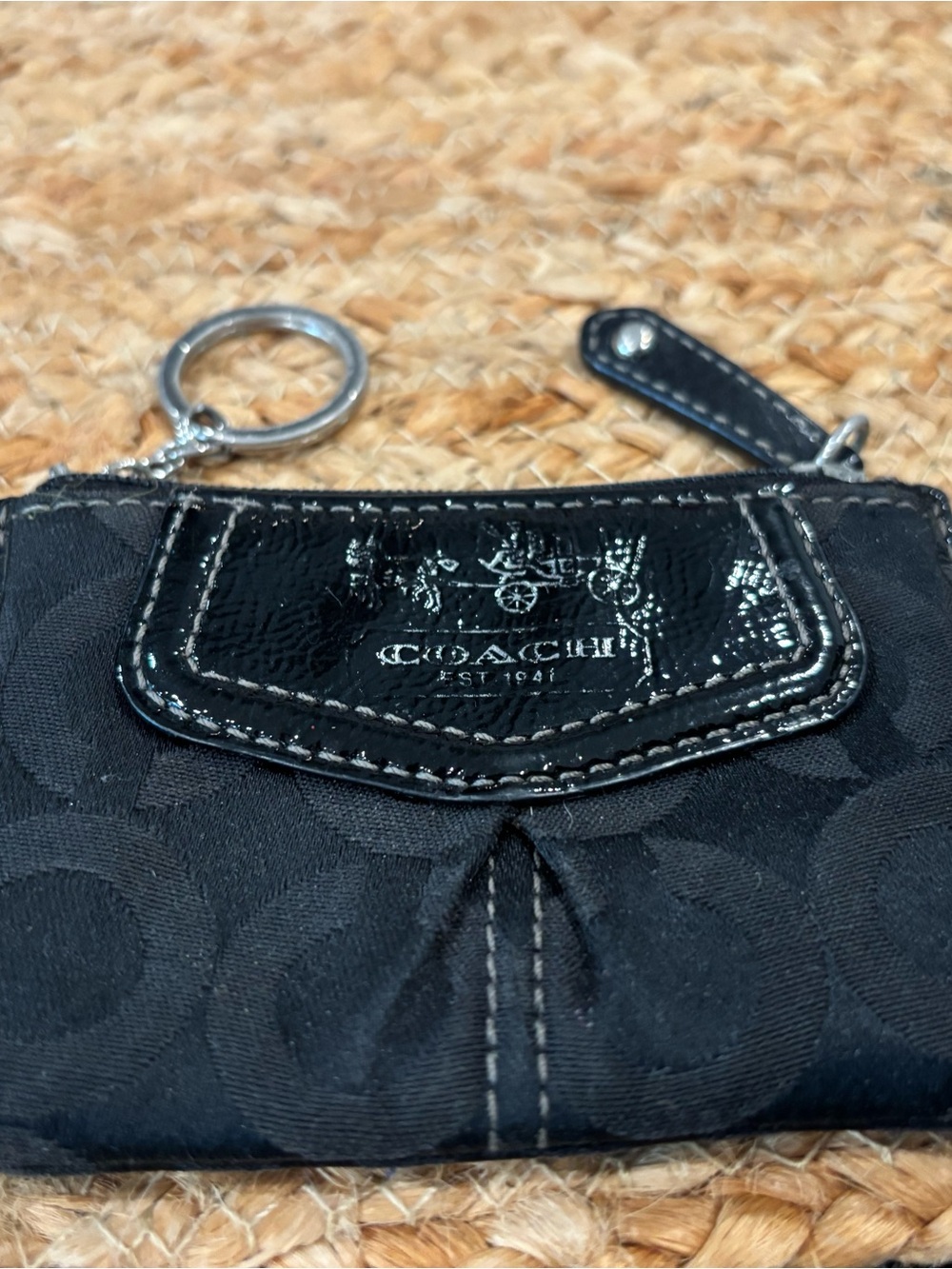 Coach Black Signature Coin Key Pouch with Patent Trim